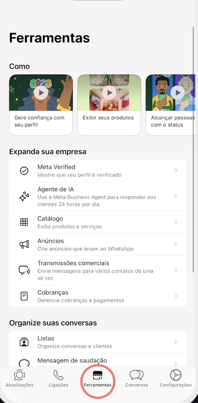 WhatsApp Business na aba Ferramentas